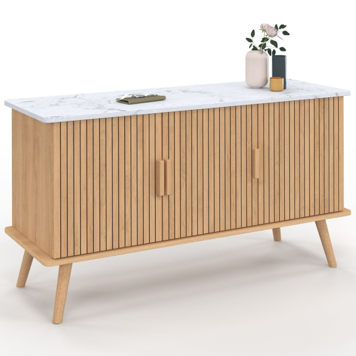 Credenza bassa da 110 cm con piano effetto marmo e 3 ante a doghe color rovere - JULIETTE | IdMarket