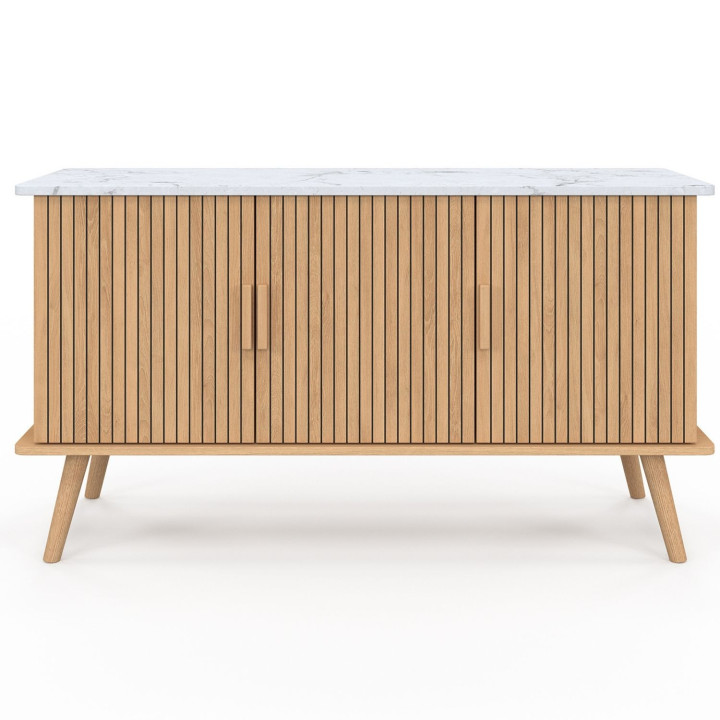 Credenza bassa da 110 cm con piano effetto marmo e 3 ante a doghe color rovere - JULIETTE | IdMarket