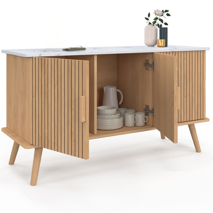 Credenza bassa da 110 cm con piano effetto marmo e 3 ante a doghe color rovere - JULIETTE | IdMarket