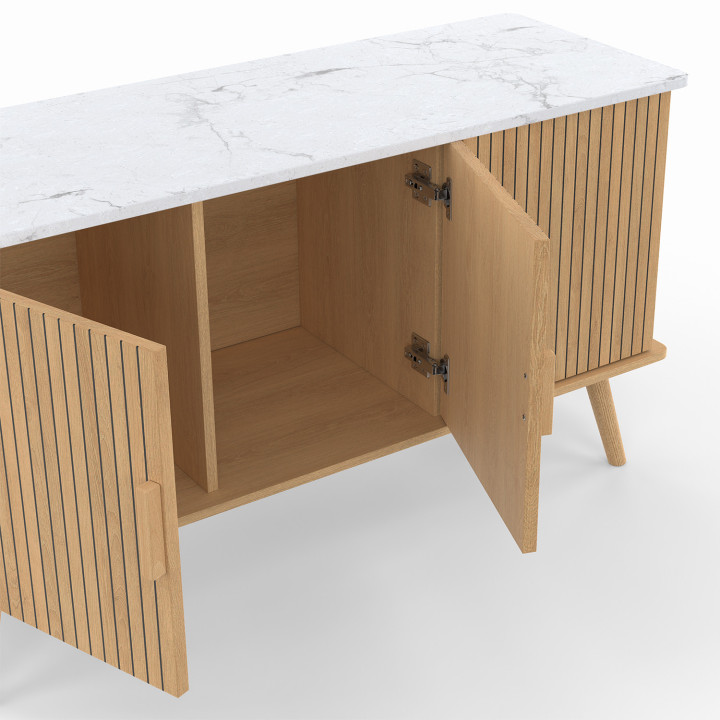 Credenza bassa da 110 cm con piano effetto marmo e 3 ante a doghe color rovere - JULIETTE | IdMarket