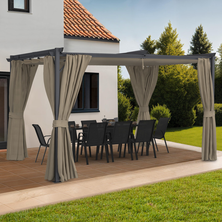 Pergola edizione completa tetto retrattile zanzariera 3x4 M e 4 tende taupe | IdMarket