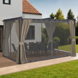 Pergola edizione completa tetto retrattile zanzariera 3x4 M e 4 tende taupe | IdMarket
