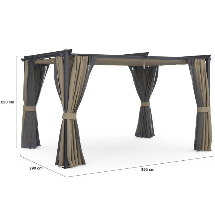 Pergola edizione completa tetto retrattile zanzariera 3x4 M e 4 tende taupe | IdMarket