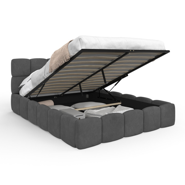 Letto matrimoniale a cassettone NUAGE con testata trapuntata e base in velluto grigio 140 x 190 cm