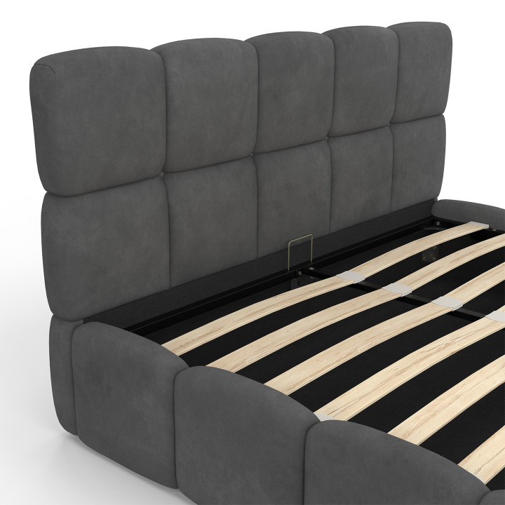Letto matrimoniale a cassettone NUAGE con testata trapuntata e base in velluto grigio 140 x 190 cm