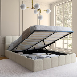 Letto matrimoniale NUAGE con testata trapuntata e rete a doghe da 160 x 200 cm in tessuto bouclette bianco