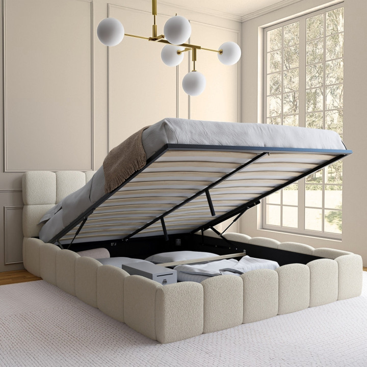 Letto matrimoniale NUAGE con testata trapuntata e rete a doghe da 160 x 190 cm in tessuto bouclette bianco