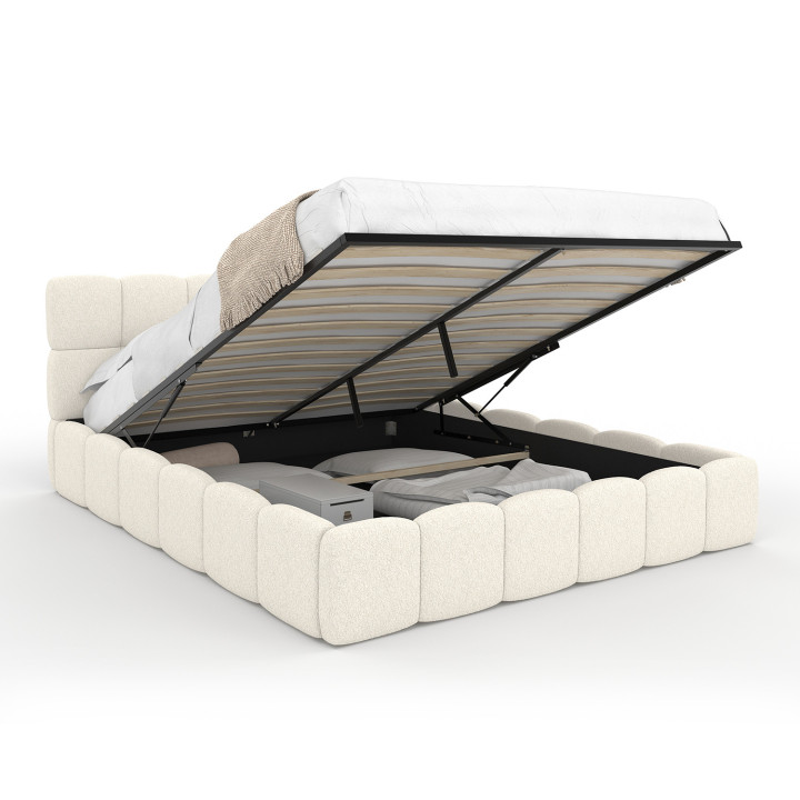 Letto matrimoniale NUAGE con testata trapuntata e rete a doghe da 160 x 200 cm in tessuto bouclette bianco