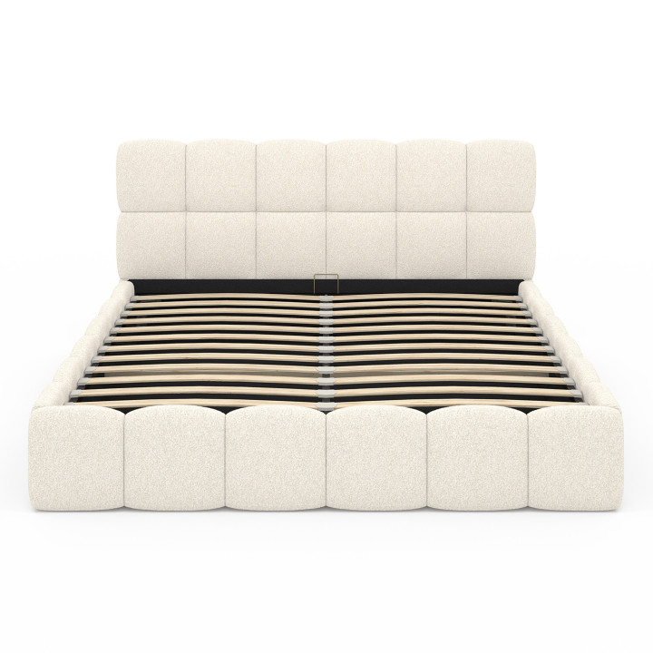Letto matrimoniale NUAGE con testata trapuntata e rete a doghe da 160 x 200 cm in tessuto bouclette bianco