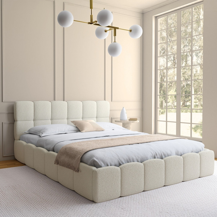 Letto matrimoniale NUAGE con testata trapuntata e rete a doghe da 160 x 200 cm in tessuto bouclette bianco