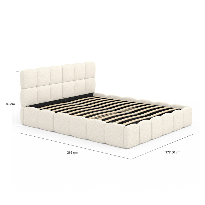Letto matrimoniale NUAGE con testata trapuntata e rete a doghe da 160 x 200 cm in tessuto bouclette bianco