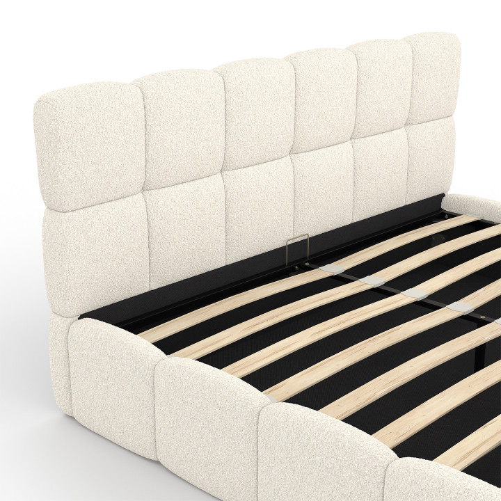 Letto matrimoniale NUAGE con testata trapuntata e rete a doghe da 160 x 190 cm in tessuto bouclette bianco