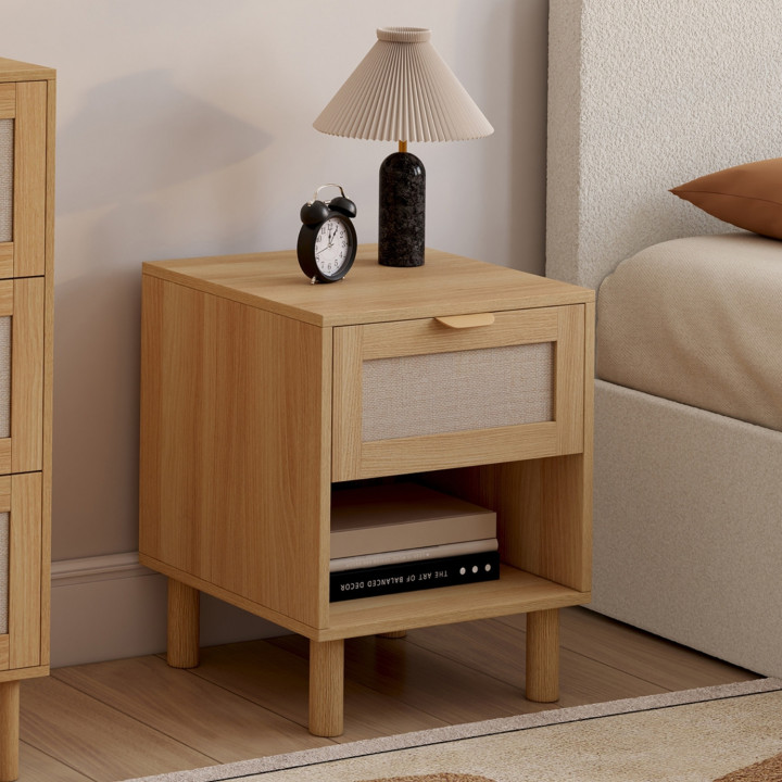 Set di 2 comodini a 1 cassetto con nicchia effetto legno e lino - ROBIN | IdMarket