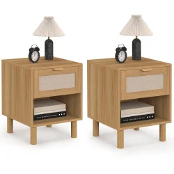 Set di 2 comodini a 1 cassetto con nicchia effetto legno e lino - ROBIN | IdMarket