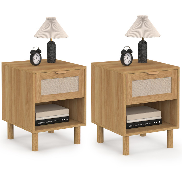 Set di 2 comodini a 1 cassetto con nicchia effetto legno e lino - ROBIN | IdMarket