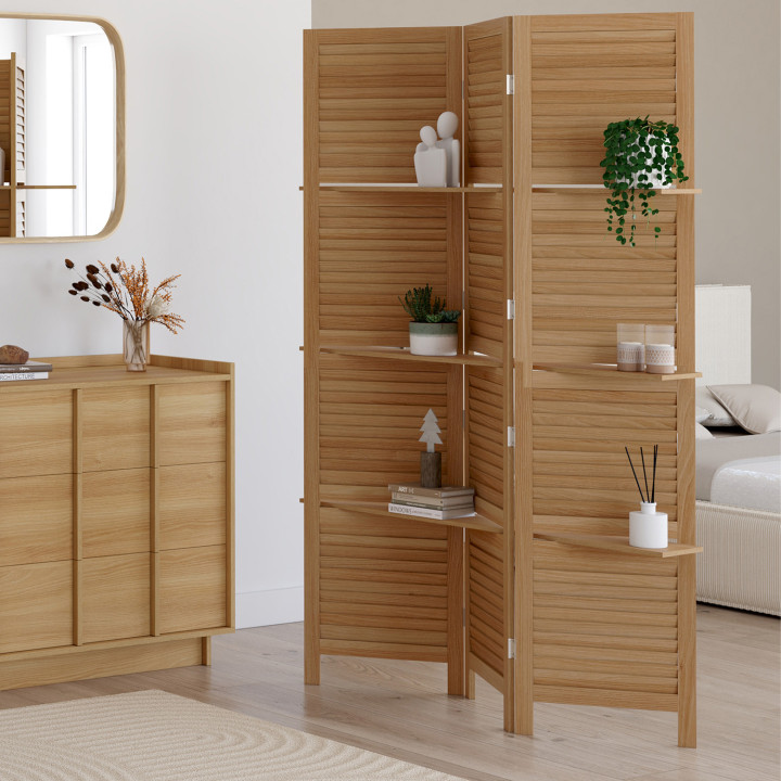 Paravento interno a 3 pannelli con 3 ripiani in legno | IdMarket