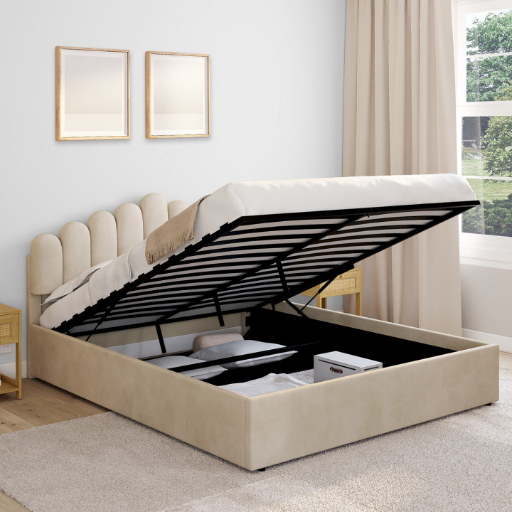 Letto matrimoniale con testiera e base 160 x 200 cm in velluto beige - NOELIE | IdMarket