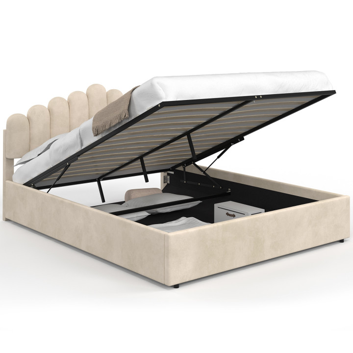 Letto matrimoniale con testiera e base 160 x 200 cm in velluto beige - NOELIE | IdMarket