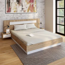 Letto matrimoniale con testata, rete e comodini in legno e bianco - SANTA | IDMarket