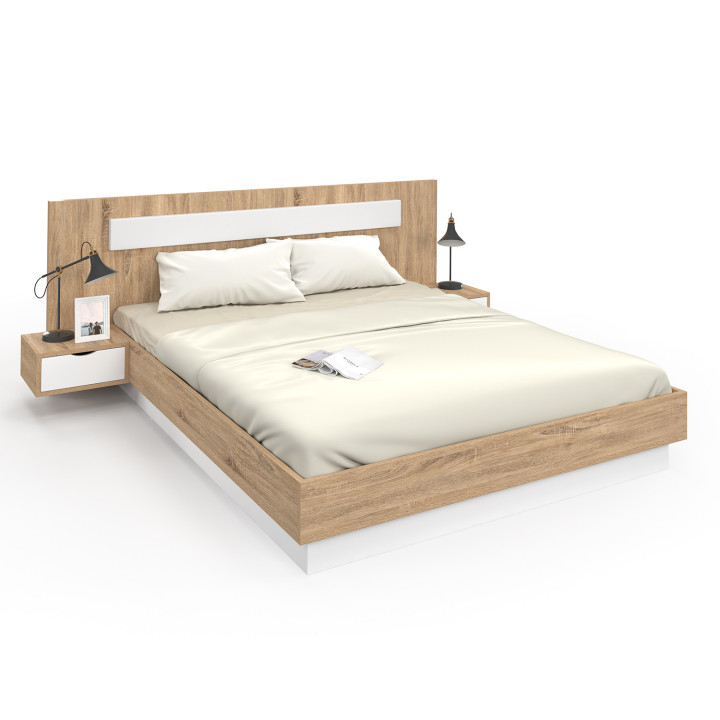 Letto matrimoniale con testata, rete e comodini in legno e bianco - SANTA | IDMarket