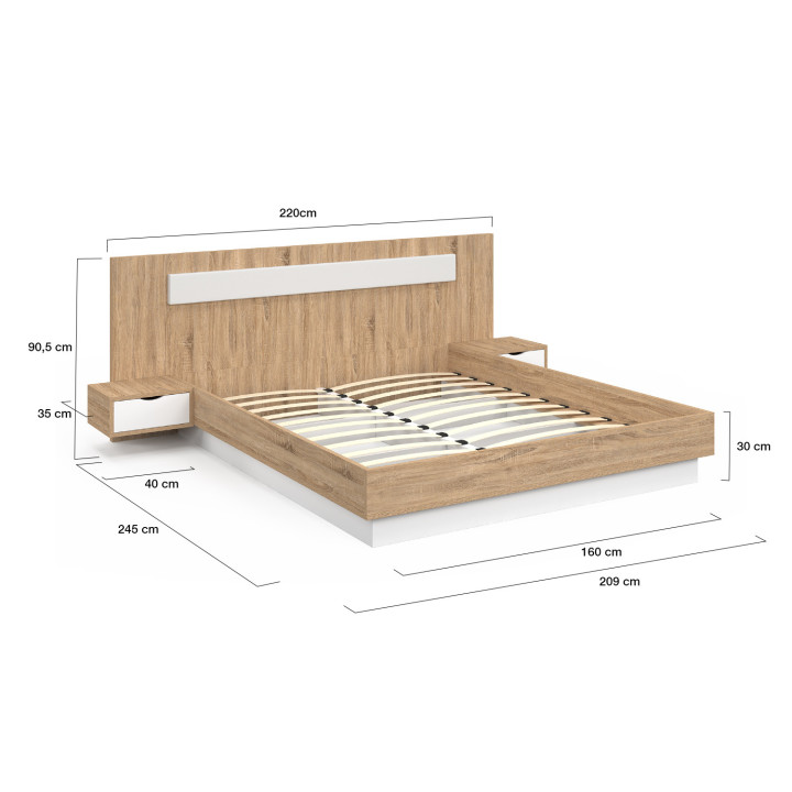 Letto matrimoniale con testata, rete e comodini in legno e bianco - SANTA | IDMarket