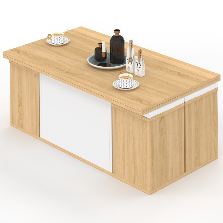 Tavolino rettangolare alzabile trasformabile in tavolo da pranzo da 100 cm in legno e bianco con poggiapiedi - EDEN | IdMarket