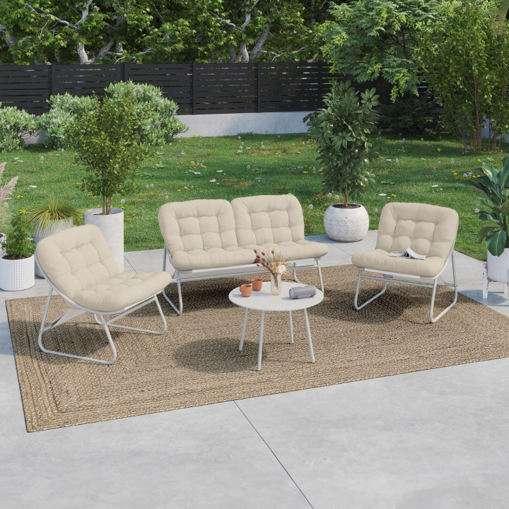 Set di mobili da giardino bassi a 4 posti in metallo bianco e cuscini beige con divano, poltrone e tavolo - ARONA | IdMarket