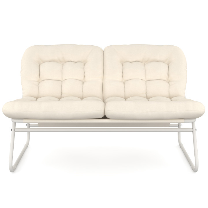 Set di mobili da giardino bassi a 4 posti in metallo bianco e cuscini beige con divano, poltrone e tavolo - ARONA | IdMarket