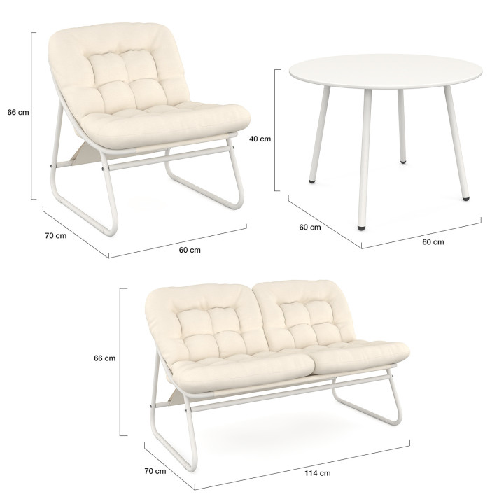 Set di mobili da giardino bassi a 4 posti in metallo bianco e cuscini beige con divano, poltrone e tavolo - ARONA | IdMarket