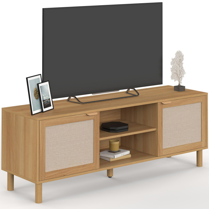 Porta TV 140 cm a 2 ante effetto legno e lino - ROBIN | IdMarket