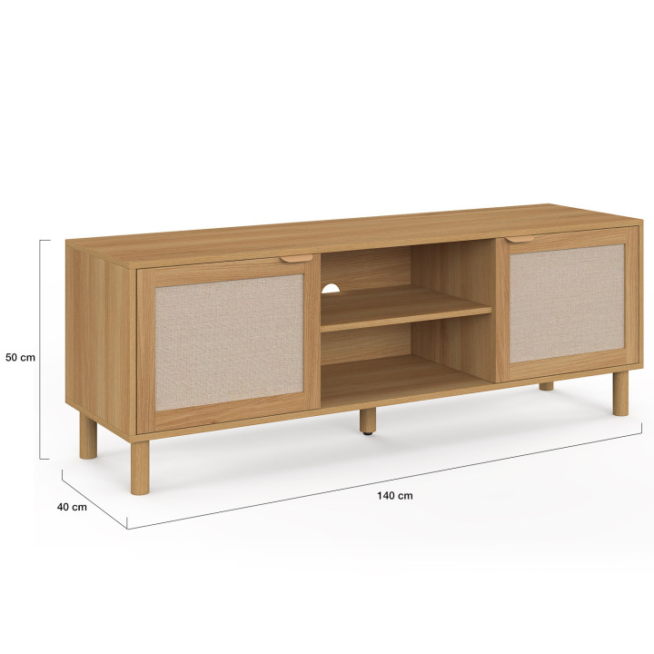 Porta TV 140 cm a 2 ante effetto legno e lino - ROBIN | IdMarket
