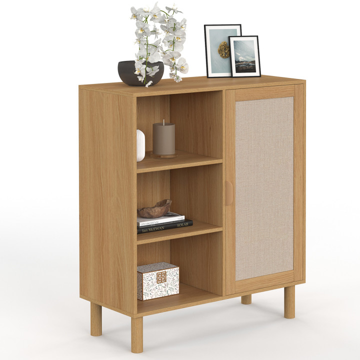 Credenza con 3 ripiani e armadietto 70 cm effetto legno e lino - ROBIN | IdMarket