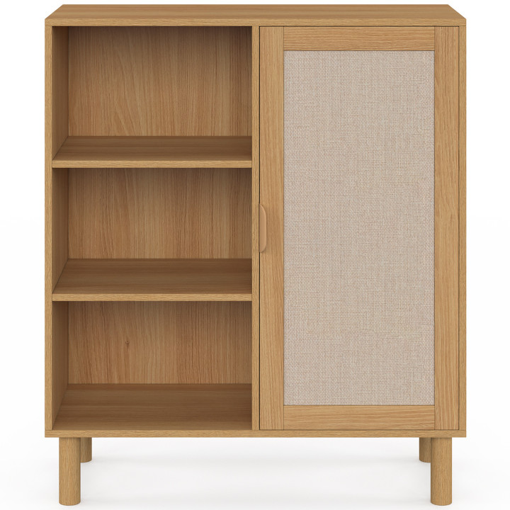 Credenza con 3 ripiani e armadietto 70 cm effetto legno e lino - ROBIN | IdMarket