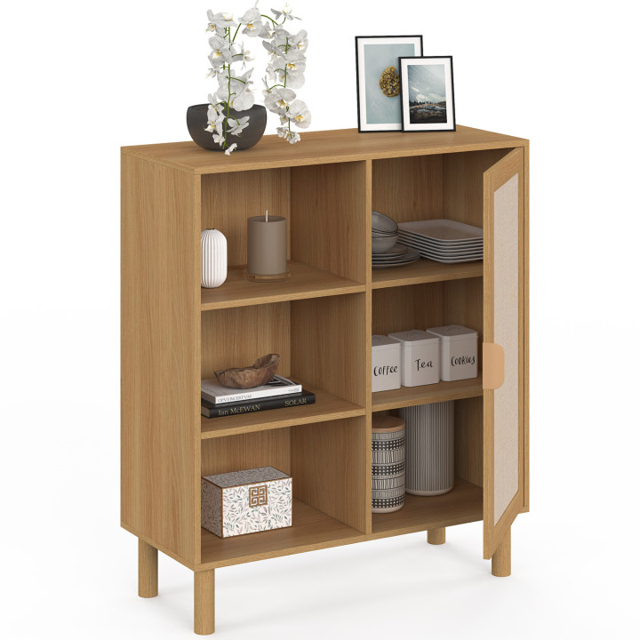 Credenza con 3 ripiani e armadietto 70 cm effetto legno e lino - ROBIN | IdMarket