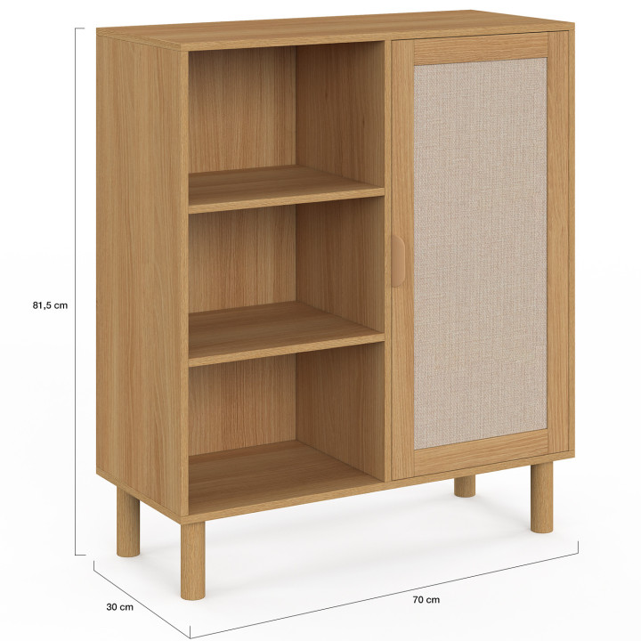 Credenza con 3 ripiani e armadietto 70 cm effetto legno e lino - ROBIN | IdMarket