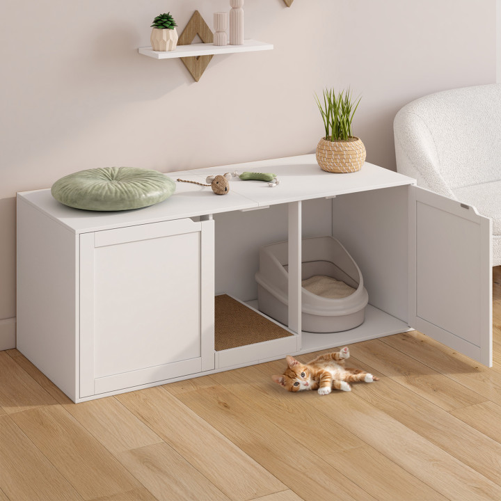 Borsa igienica per gatti XL con 2 porte e tiragraffi in legno bianco | IdMarket