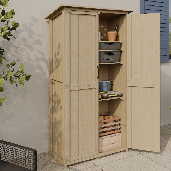 Armadio da giardino in legno 90x50x160 cm con tetto spiovente, doppia porta e ripiani | IdMarket