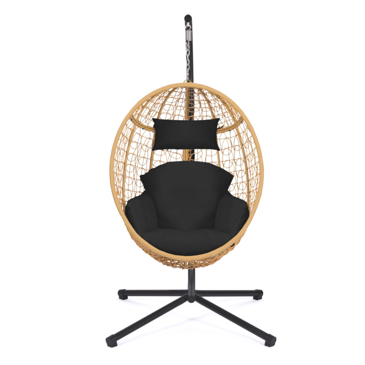 Poltrona sospesa a forma di uovo in rattan con cuscino nero | ID Market