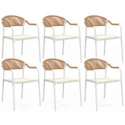 Set di 6 sedie da giardino in metallo bianco con corde beige e textilene e rattan chiaro