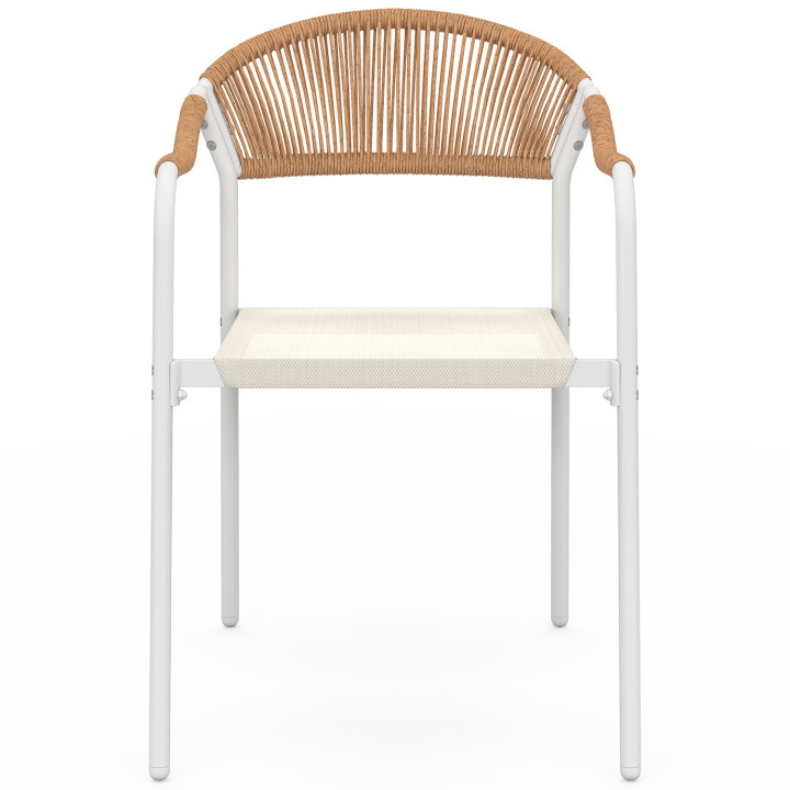 Set di 6 sedie da giardino in metallo bianco con corde beige e textilene e rattan chiaro