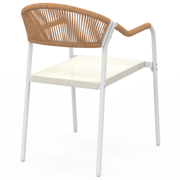 Set di 6 sedie da giardino in metallo bianco con corde beige e textilene e rattan chiaro