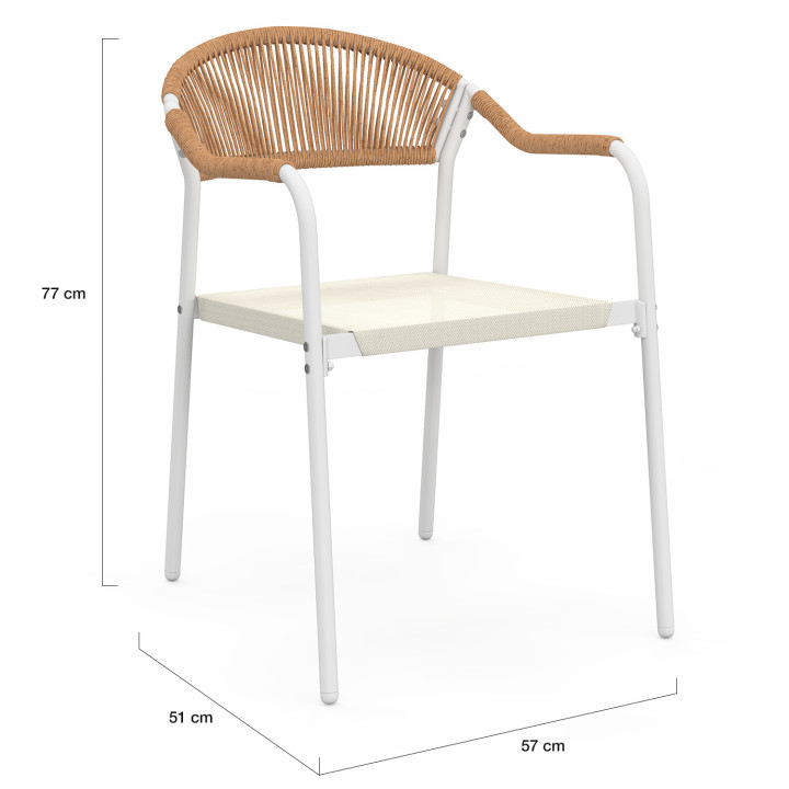 Set di 6 sedie da giardino in metallo bianco con corde beige e textilene e rattan chiaro