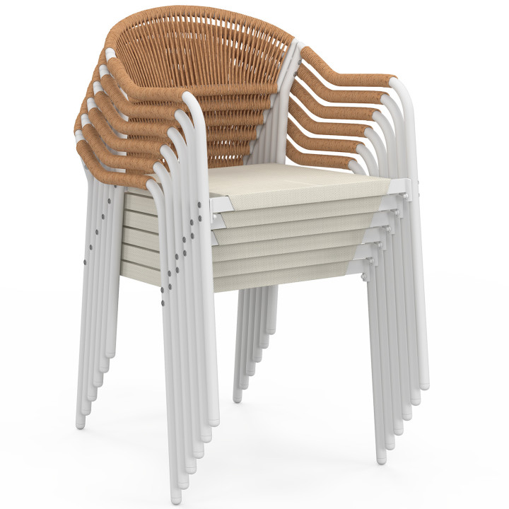 Set di 6 sedie da giardino in metallo bianco con corde beige e textilene e rattan chiaro