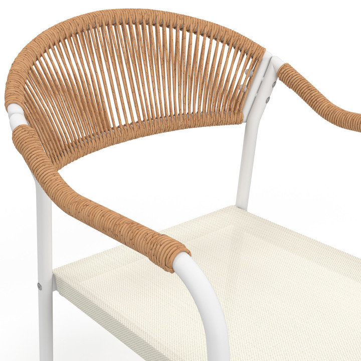 Set di 6 sedie da giardino in metallo bianco con corde beige e textilene e rattan chiaro