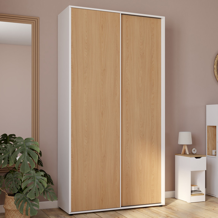 Armadio scorrevole a 2 ante bianco e legno 100 cm armadio con ripiani maxi capacità di stoccaggio
