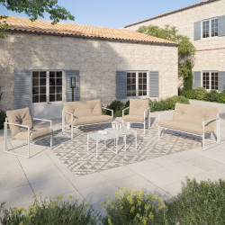Set di mobili da giardino bassi a 6 posti in acciaio bianco con cuscini beige - NAIROBI | IdMarket