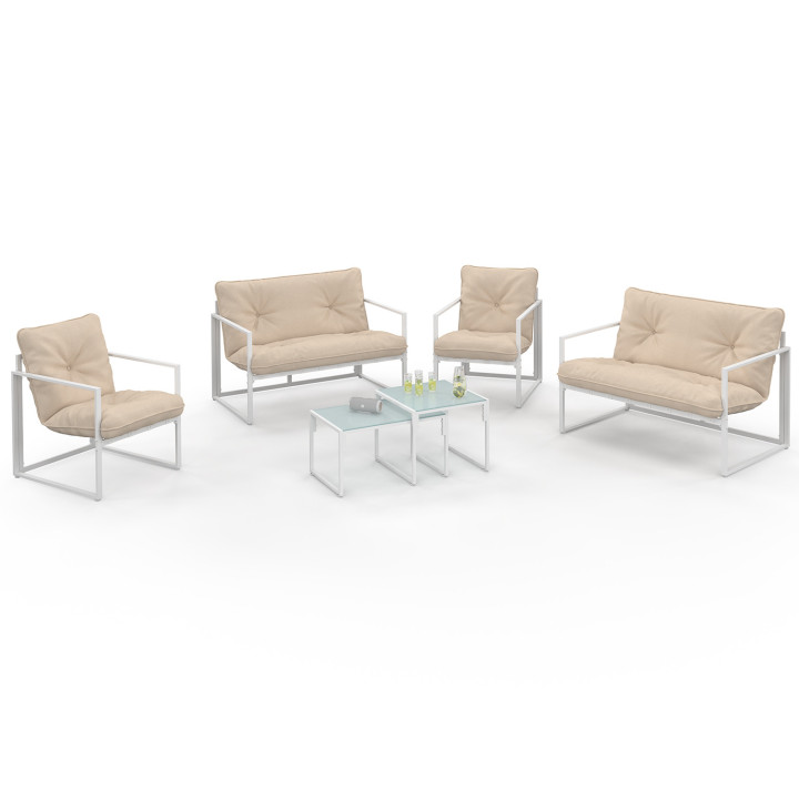 Set di mobili da giardino bassi a 6 posti in acciaio bianco con cuscini beige - NAIROBI | IdMarket