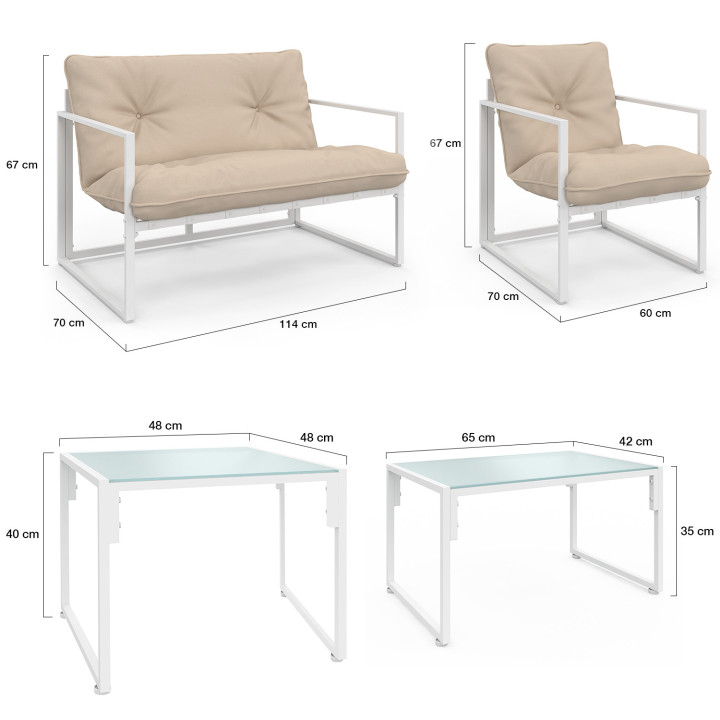 Set di mobili da giardino bassi a 6 posti in acciaio bianco con cuscini beige - NAIROBI | IdMarket