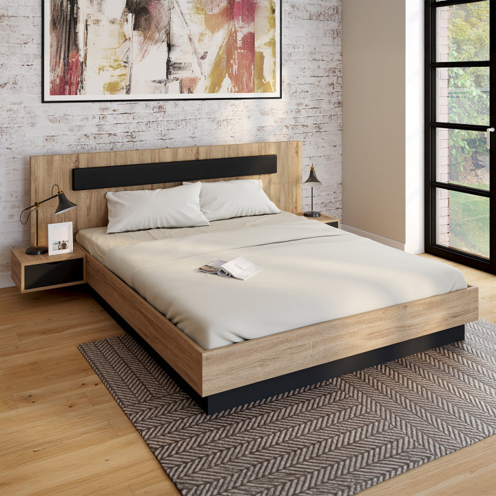 Letto matrimoniale 160x200 con testiera in legno e nero e comodini - SANTA | ID Market