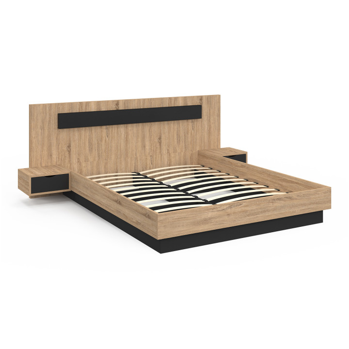 Letto matrimoniale 160x200 con testiera in legno e nero e comodini - SANTA | ID Market